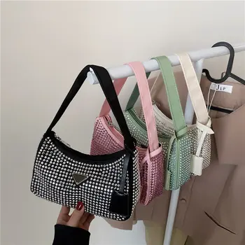 Маркови дизайнерски чанти през рамо с диаманти за жени, дамски чанта от изкуствена кожа, малка чанта за подмишниците, модни дамски вечерна чанта с цип