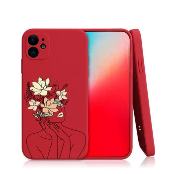 Минималната Линия на Изкуството Жена с цветя Силиконов Калъф за телефон за iPhone 12 11 Pro XS MAX XR 7 8 Плюс 12Pro 12Mini Мека Червена Капачка TPU