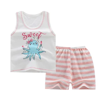 Мода за новородени момчета Летни розови върхове с букви Тениска без ръкави, къси Панталони 2 бр. Комплект дрехи за деца Дрехи за момчета