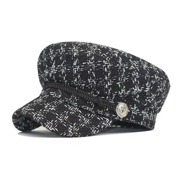 Модни вълнена шапка козирка военна шапка сребриста осмоъгълна шапка есен и зима ретро лоскутный взема женски английски стил