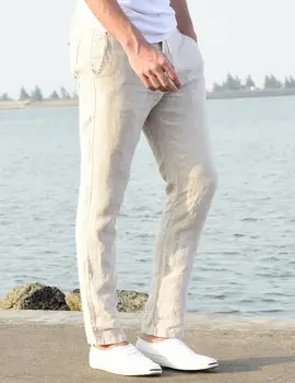 Мъжки спално бельо, ежедневни панталони мъжки летни дишащи тънки прави панталони за мъже с еластична талия мъжки ленени панталони на тънки бежово-бели на цвят каки