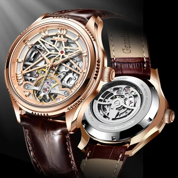 Мъжки часовник LIGE от естествена кожа, Автоматични часовници Механични Ръчни часовници Водоустойчиви часовници с турбийоном за мъже Relogio Masculino