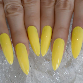 Неоново жълто-Дълги Изкуствени Облицовки с UV-лъскава Повърхност-Дълги заострени Отгоре Нокти за Перфектен Маникюр за лятото с клейкими накладки
