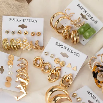 Нова Мода Перлени Обици Капка Комплект За жени Geometirc Златен Метал Акрилни Кръг Обеци-Халки 2021 Тенденция Дамски Бижута Подаръци