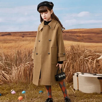 Новата модерна детска дългата вълнена яке за момичета 4-14 години, Детска есен облекло Однотонное двубортное палто с джобове за тийнейджъри