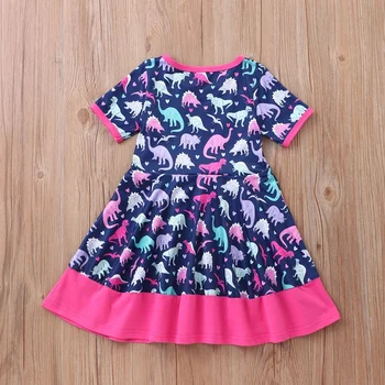 Нови дрехи за малките момичета Лятна бебешка рокля с къс ръкав за новородено, Детски рокли от памук с принтом динозавър за деца Рокли от 3 до 7 години