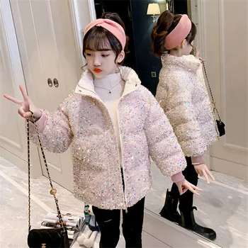 Нови момичета в памучна зимна мода блестящи пайети яке и Връхни дрехи,Детски яке с памучна подплата, Момичета Зимата на топло палто блинг блинг
