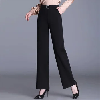 Обтегач с кристали Черен Плътен цвят прави панталони Основни еластични панталони с висока талия Дамски участък Класически корейски панталони Mujer