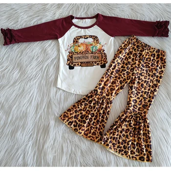 Продажба на едро на Дрехи за малките момичета за Деня на Благодарността Сива риза с дълги ръкави от тиква, Леопардовые панталони, Комплект детски дрехи, Бутикови детски облекла