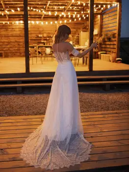 Прозрачно деколте с дантела аппликацией А-силует Дантелено сватбена рокля с подвижни ръкави Секси сватбена рокля vestido de festa de