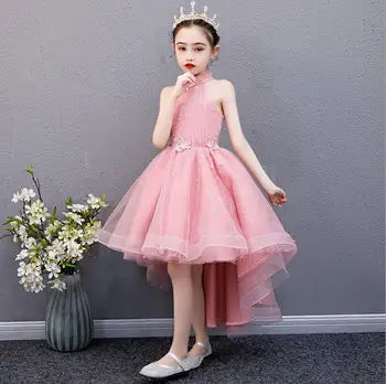 Розови дантелени детски рокли за момичета-цветочниц, шаферките, Елегантни колиета, Сватбената рокля на принцеса, Вечерни дрехи за партита