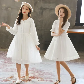 Рокля за момичета Лято Есен 10 години 12 години Рокля за момиче с Бяла рокля на Принцеса Детски памучни рокля Детски дрехи KF1106