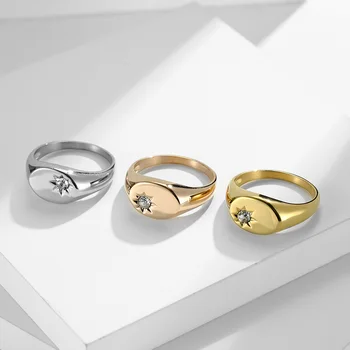 Романтичен пръстен със звездна печат за жени Златен Цвят с печаткой от неръждаема стомана с Кръгло горния пръстен с камък AAA CZ Луксозно минималистичное тежко пръстен