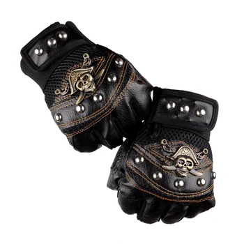 Ръкавици с черепа Кожени Скелетните Мотоциклетни ръкавици за крос-състезания с половин пръсти Пиратски нитове с черепа Пънк Велосипедни ръкавици