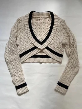 Секси груб обрат V-образно деколте с висока талия Кратък пуловер с отворена талия с дълъг ръкав Ретро два цвята вязаный топ 2021 Есен Дамски градинска облекло