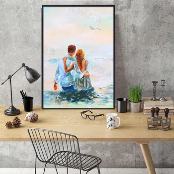 Скандинавска Абстрактна Двойка Плажна Игра на Арт Плакат на Мъжете и жените, Обнимающие Живопис върху платно, Стенни картини за Декорация на дома Спалня
