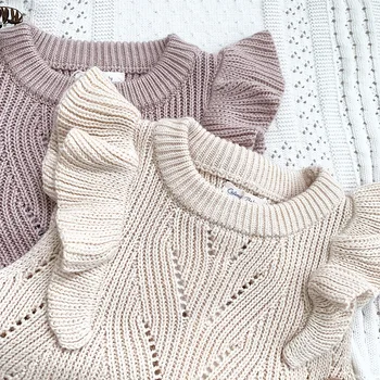 Сладки конфетный цвят за малки момичета вязаный пуловер с къдри Вязаный жилетка 2021 Пролет Есен Детски пуловер за малки момичета Топла жилетка Върховете