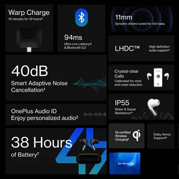 Слушалки OnePlus Рецептори Pro TWS Адаптивно намаляване на шума LHDC 38 Часа живот на батерията IP55 Водоустойчив За Oneplus 9 Pro 9R