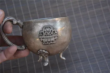 Стара Цинъяньская сребърна чаена чаша от стария Тибет,Резбовани цветя,с марката, Ръчни занаяти,Събиране и бижута,Безплатна доставка