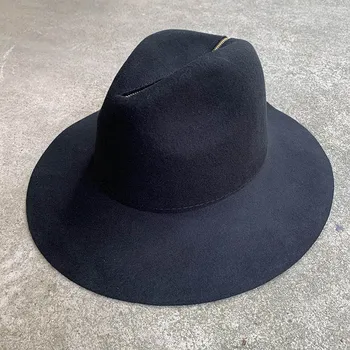 Стръмен черен фетровая шапка с цип в ретро стил за жени, дами, с широка периферия, вълнена фетровая шапка, фетровая шапка, шапка, църковни шапки, фетровая шапка, черна шапка