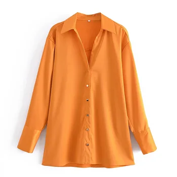 ТРАФИКА Za Жена 2021 Оранжева риза сатенени ризи с копчета Дамски Ежедневни Блузи с дълъг ръкав, Дамска мода Есен мешковатая риза с яка