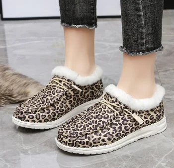 Удобни мокасини за студенти Леопардовые обувки на плоска подметка Удобен памучен зимни топли обувки За жените на равна подметка с дебела подметка