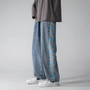 Хип-хоп Звезди дънки с принтом Мъжки Градинска облекло Harajuku Свободни Директни Ежедневни панталони с еластична талия в съвсем малък Широки панталони Мъжки есенни