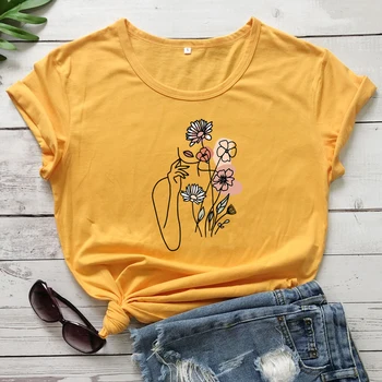 Цвят на цвете жена памучен тениска Естетически Хипстерский Art Топ Тениска Реколта женска тениска с ботаническата диви цветя Boho