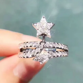 Женски Пръстен от сребро 925 проба с петолъчна звезда и цирконии, Сватба, Сватбена, Подарочное пръстен, Бижута на едро