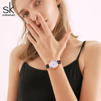 Марка ShengKe Дамски часовник Черен кожен калъф от розово злато Дамски ръчни часовници Луксозни дамски часовник с хрустальным циферблат Relogio Feminino