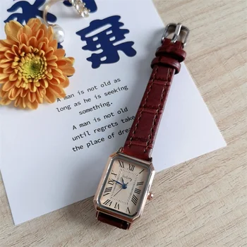Ретро Роман скала Дамски часовници 2021 Модерни Ежедневни Правоъгълни Дамски Кварцов часовник Реколта Кафяви кожени дамски ръчни часовници W9848